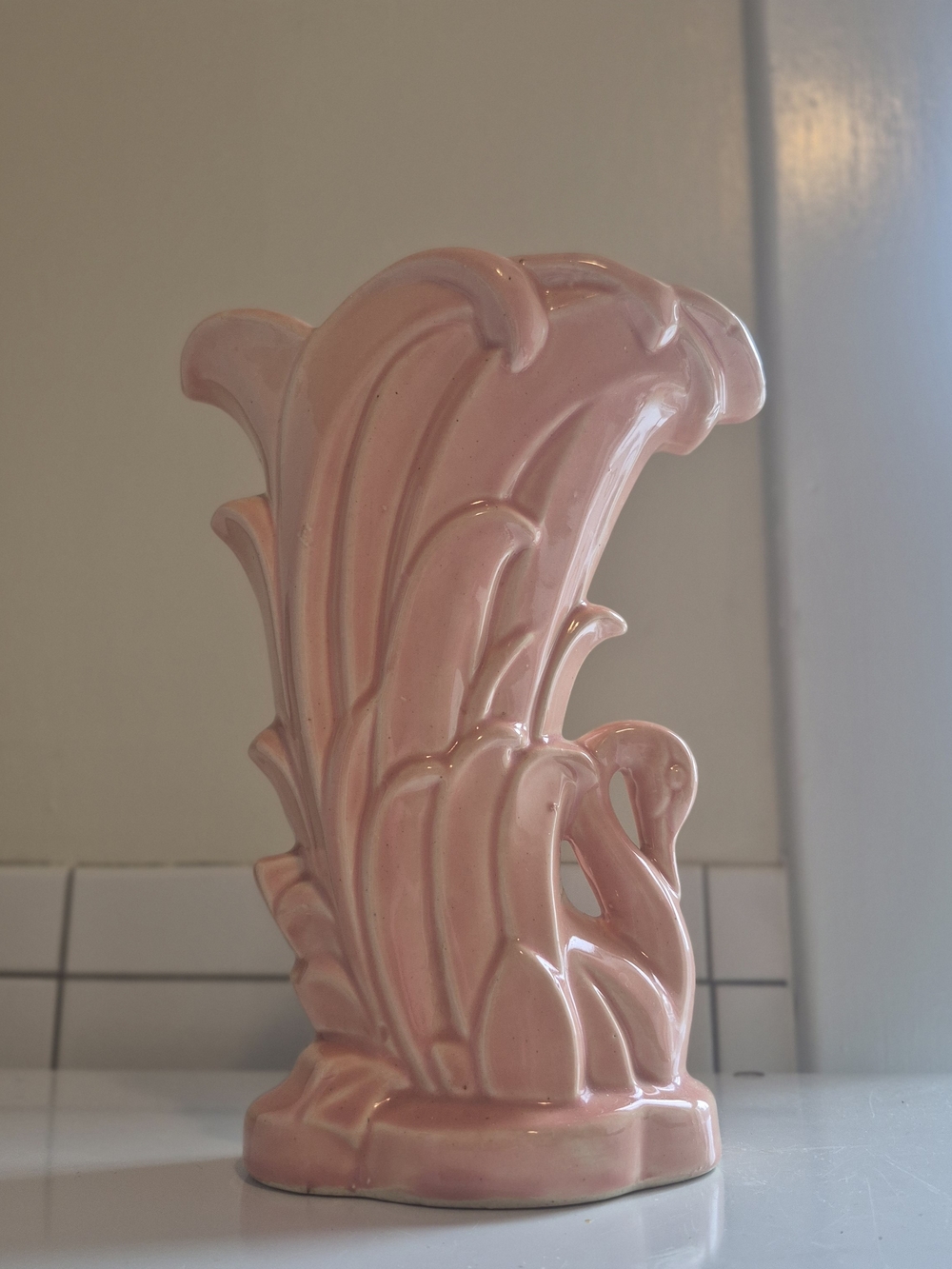 Mccoy Pink Ceramic Swan Vase with Leaf Motif